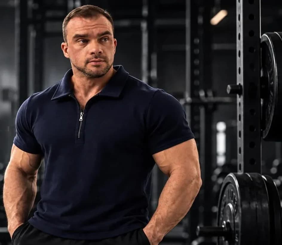 Максим Смирнов, основатель бренда STEEL BODY, в поло STEEL BODY в тренажёрном зале